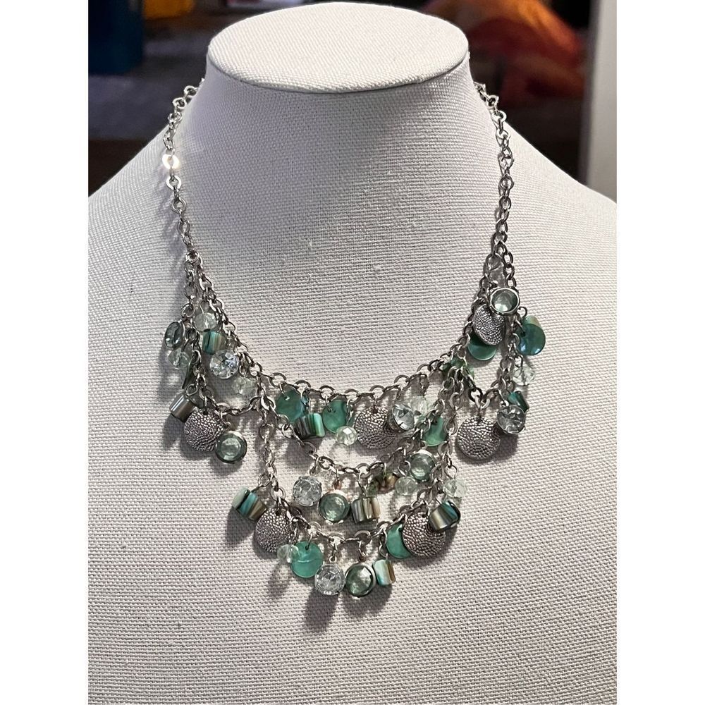 Silver Tone Chain Turquoise Teal Stone Beaded Necklace Fashion Jewelry Accessory